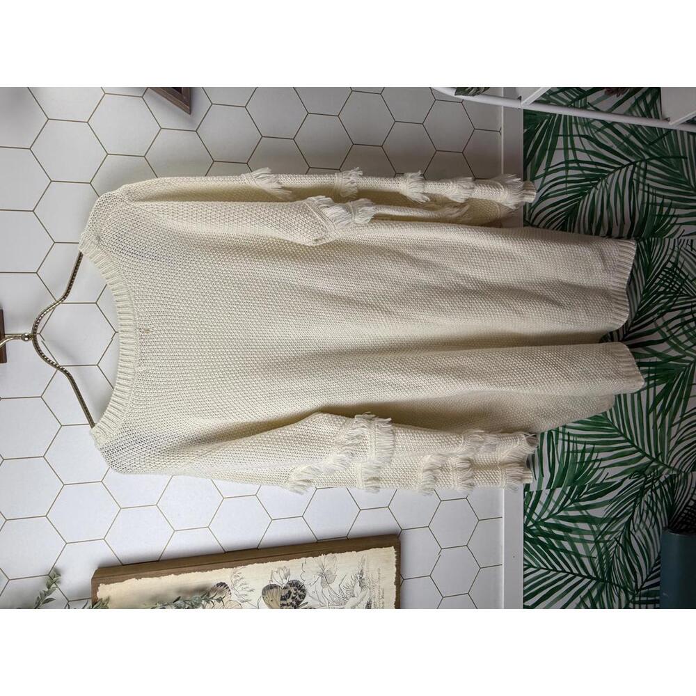 One A Cream Knit Fringe Tunic Length Scoopneck Knit Sweater - Size - XL - Picture 2 of 6